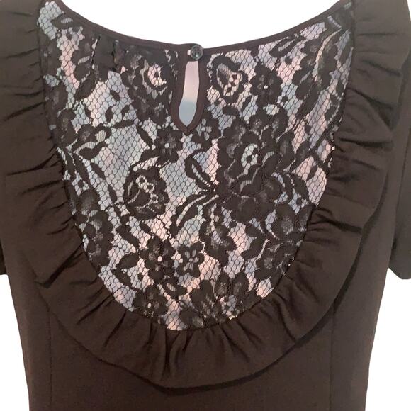 French Connection Dress Sz 6 Short Sleeve Lace Back Little Black Dress Ruffle - Picture 4 of 8